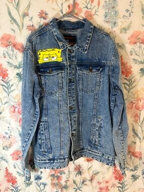 Members Only Light Blue Denim Jacket with Yellow Cartoon Patch